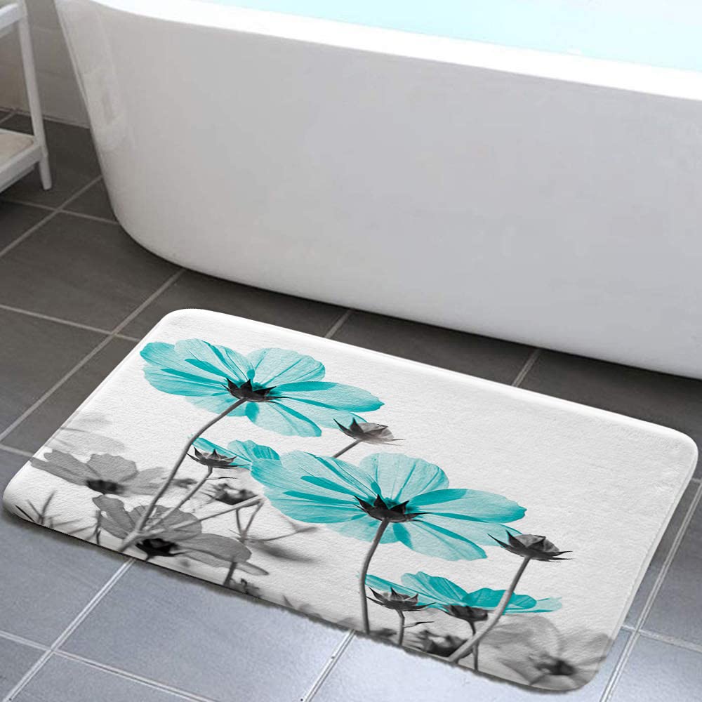 MERCHR Teal & Gray Daisy Floral Bath Mat - Elegant Wildflower Farmhouse Bathroom Rug 17x29 Inches - Soft Non-Slip Shower Mat for Bathroom Decor & Home Spa
