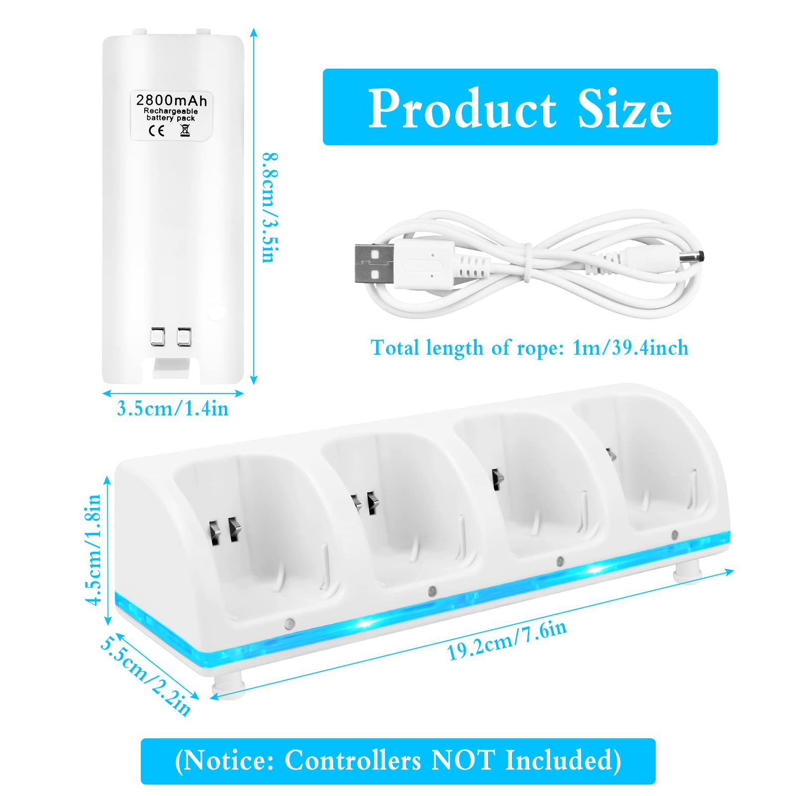 4-in-1 Wii Remote Charging Station with 4 Rechargeable Battery Packs & USB Cable - Compatible with Wii & Wii U Controllers (White) - Perfect for Gaming Nights & Family Entertainment