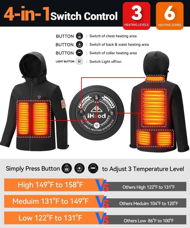 Heated Jacket for Men with Detachable Hood - Waterproof Winter Coat with Battery Pack - Perfect for Outdoor Activities, Skiing, Hiking & Cold Weather Commutes