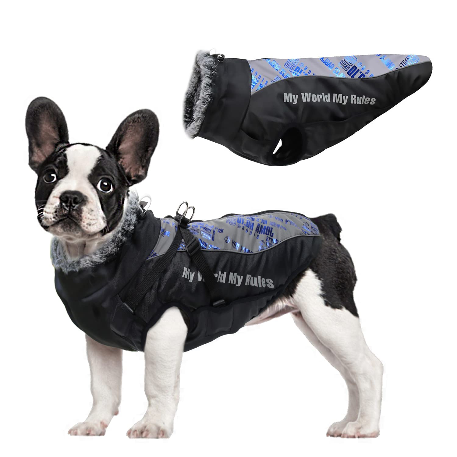 Warm Windproof Winter Dog Coat Vest for Medium & Large Dogs - Cold Weather Jacket with Harness & Furry Collar (Glare Blue, XL) - Perfect for Outdoor Walks & Winter Adventures
