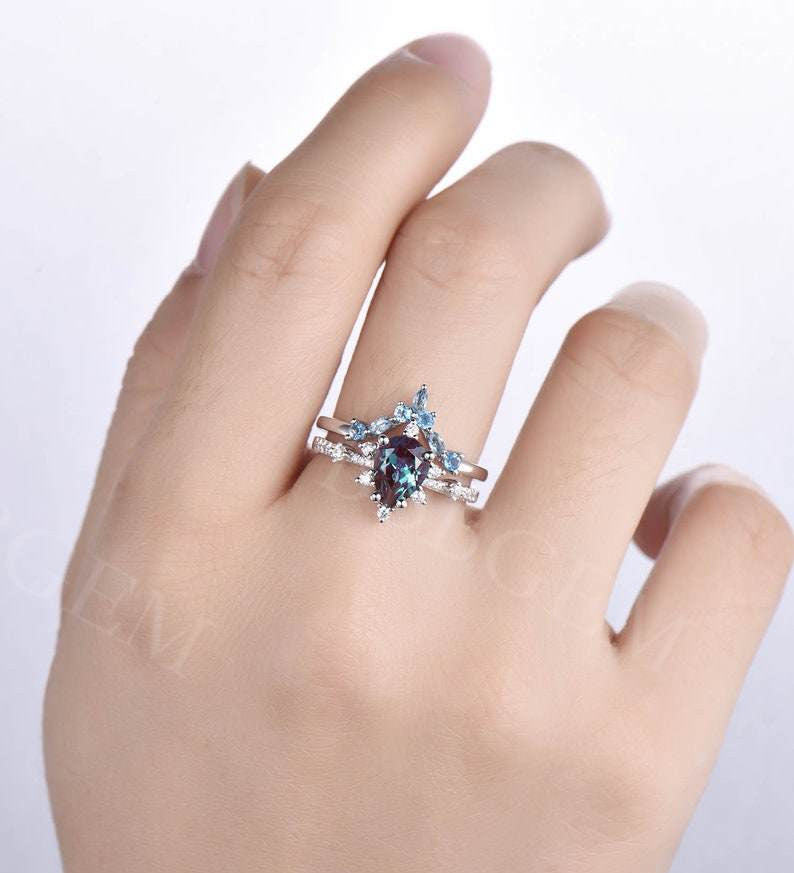 Exquisite Pear Cut Alexandrite Engagement Ring with Curved Topaz Matching Band - Perfect for Proposals, Anniversaries & Special Occasions