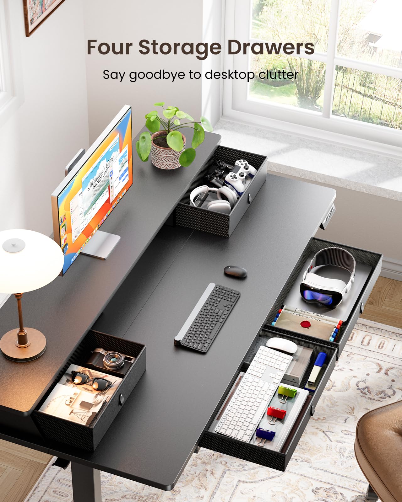 ErGear 48 x 30 Inches Electric Standing Desk with Storage Drawers - Height Adjustable Sit Stand Computer Desk with 4 Memory Presets & Cable Management Tray - Perfect for Home Office, Gaming & Remote Work (Black)