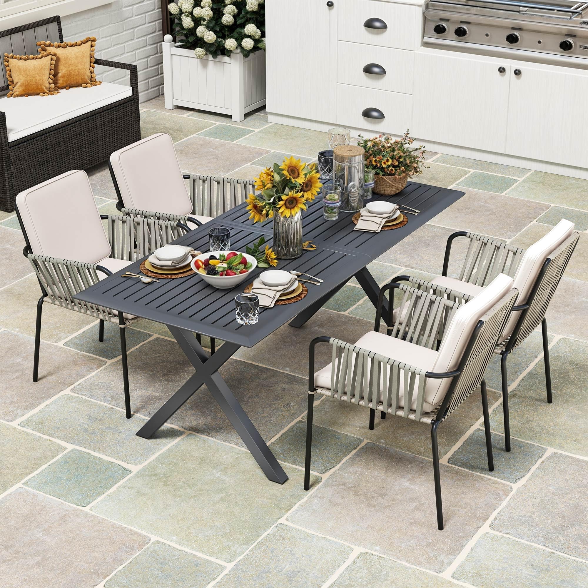 DWVO 4-Piece Outdoor Dining Set with Arms & Cushions - Grey Rattan & Rope Patio Chairs for Garden, Porch, Backyard, Poolside & Balcony - Perfect for Outdoor Entertaining & Relaxation