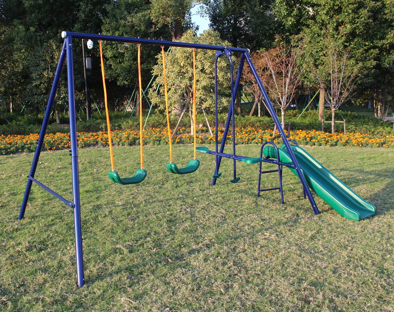 **A-Frame Metal Swing Set with Slide for Kids - Blue, Green, Orange Outdoor Playground Equipment for Backyard, Park & Garden Fun**