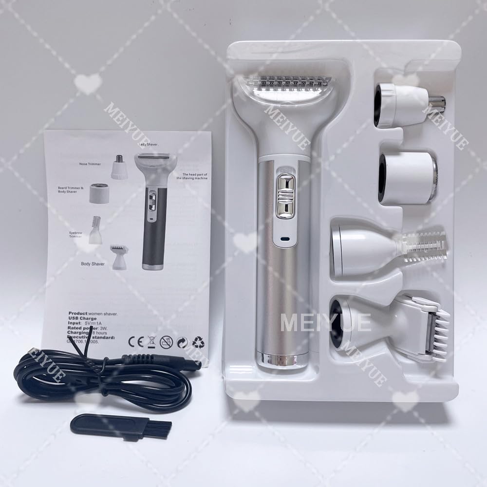 5-in-1 Women's Electric Shaver - Wet & Dry Facial Hair Remover for Face, Nose, Legs & Bikini Area (Gray) | Painless Hair Removal for Smooth Skin at Home or Travel