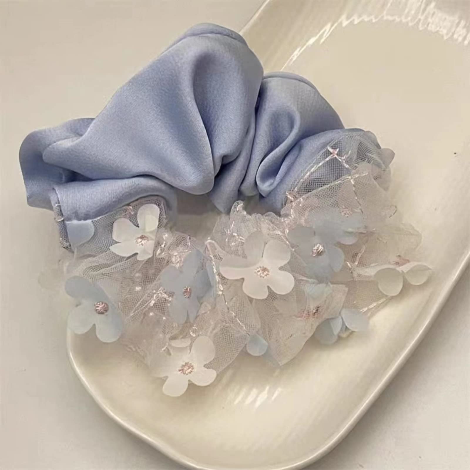 3 Pack Silk Scrunchies for Women - Pearl Flower Hair Ties, Thick Elastic Hair Bands for Ponytails, Buns & Braids (Perfect for Summer, Weddings & Everyday Use)