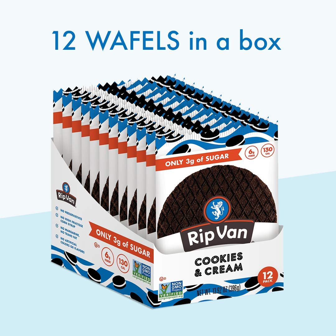 Rip Van Wafels Cookies & Cream Stroopwafels - Healthy Keto Friendly Snacks - Non GMO Low Sugar (3g) & Low Calorie Waffle Cookies - 48 Count Pack - Perfect for Office, Travel & On-the-Go Snacking
