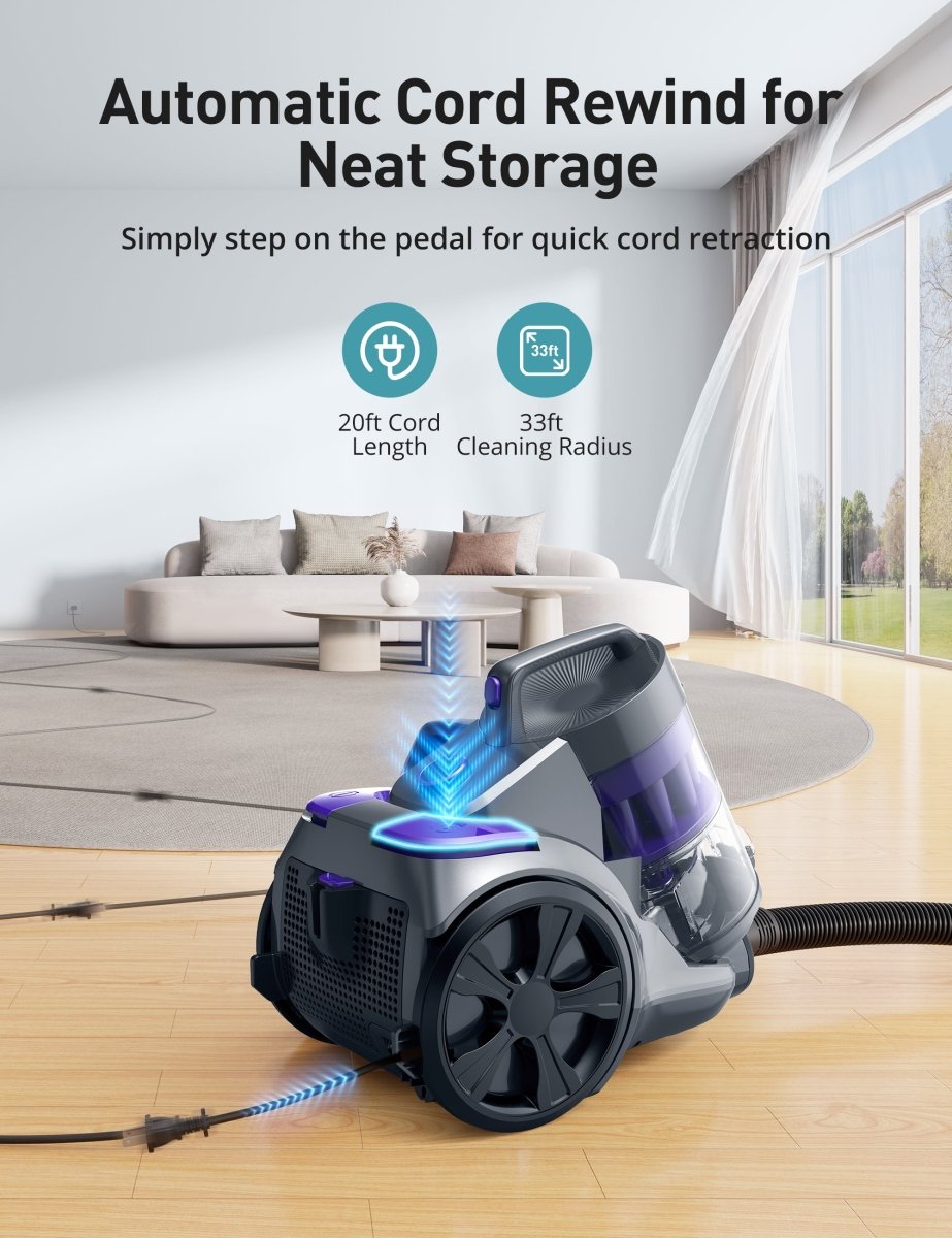 Aspiron AS CA033 Bagless Canister Vacuum Cleaner - Powerful Suction for Hardwood Floors, Carpets & Pet Hair - Lightweight & Compact for Easy Home Cleaning