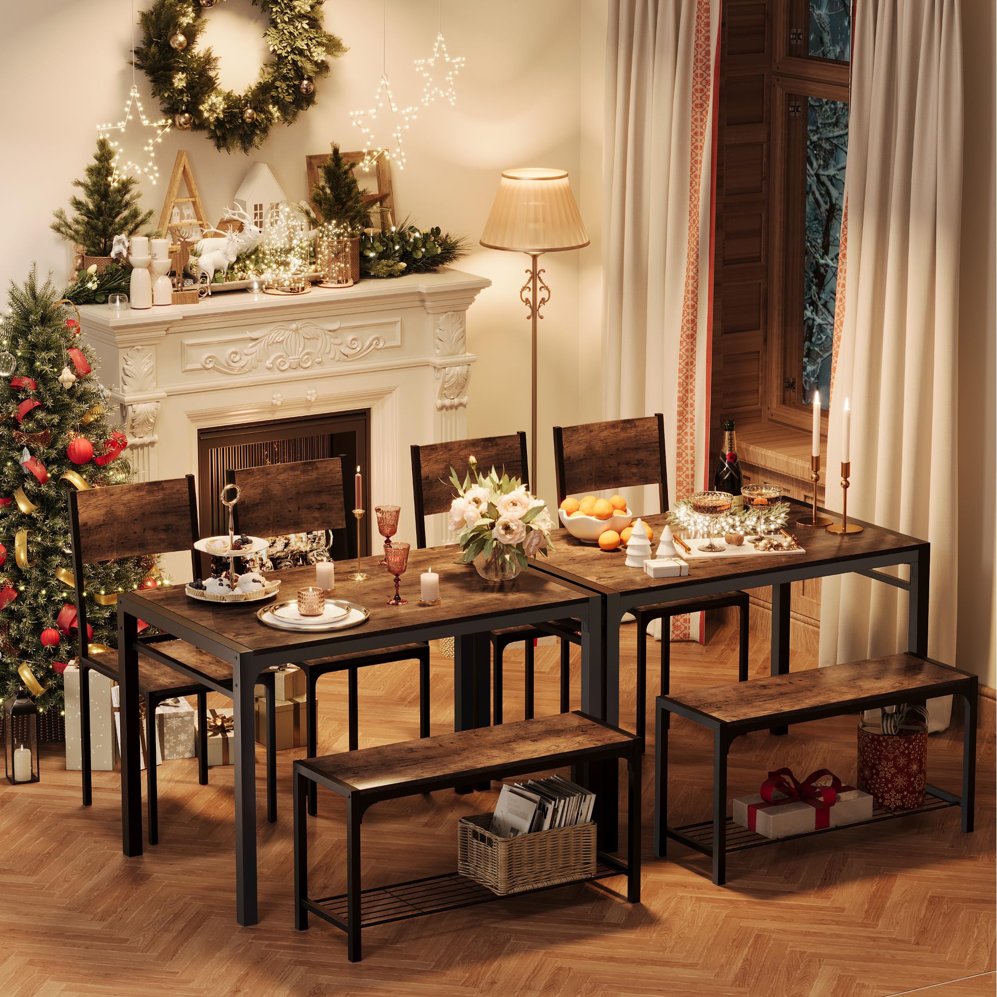 Shahoo 4-Piece Dining Set with Table, 2 Chairs & Bench - Compact Kitchen Table for Small Spaces in Brown | Perfect for Apartments, Breakfast Nooks & Cozy Dining Areas