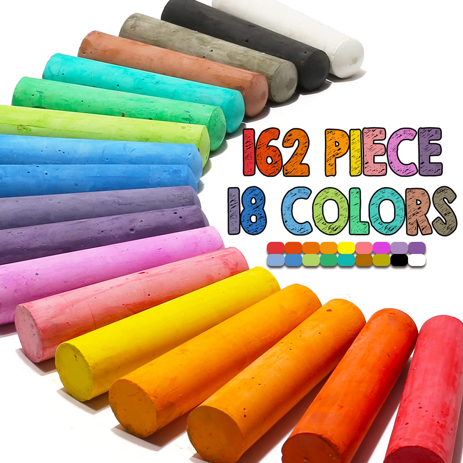 162-Pack 18-Color Non-Toxic Washable Jumbo Sidewalk Chalk Set - Outdoor Art Play, Classroom & Office Blackboard Drawing - Perfect for Kids & Adults - Great for Driveway Art, School Activities & Birthday Party Games
