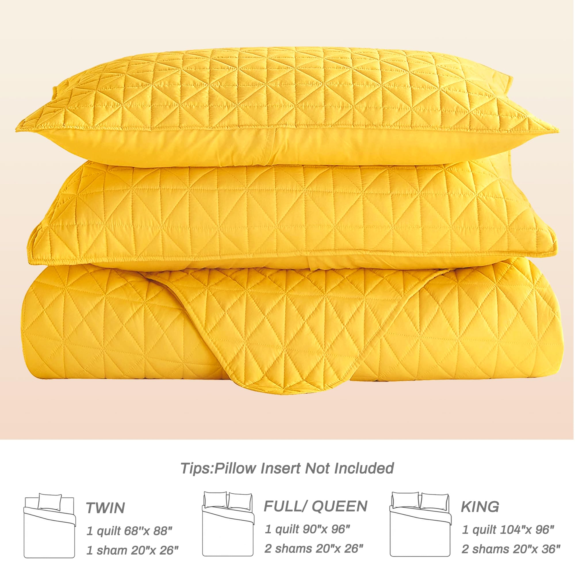 Exclusive Stitched Grid Pattern King Size Quilt Set - Lightweight Yellow Bedspread & 2 Pillow Shams, All Seasons Bedding Cover | Perfect for Master Bedroom, Guest Room & Cozy Home Decor