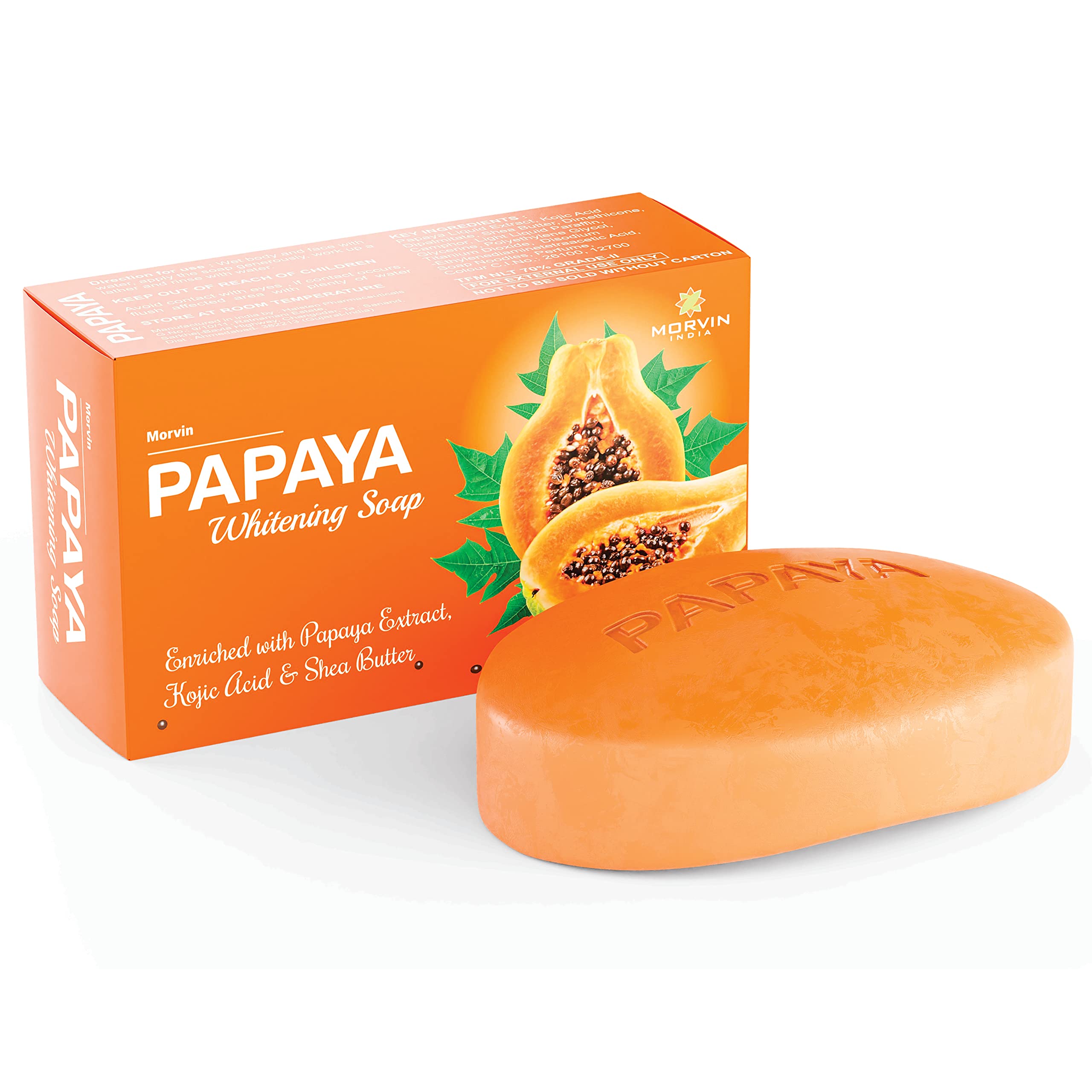 Morvin Papaya Soap Bar for Dark Spots & Acne - Enriched with Papaya Extract & Shea Butter (75g, 6-Pack) - Brightening Face & Body Cleanser for Glowing Skin | Perfect for Daily Skincare Routine & Acne-Prone Skin