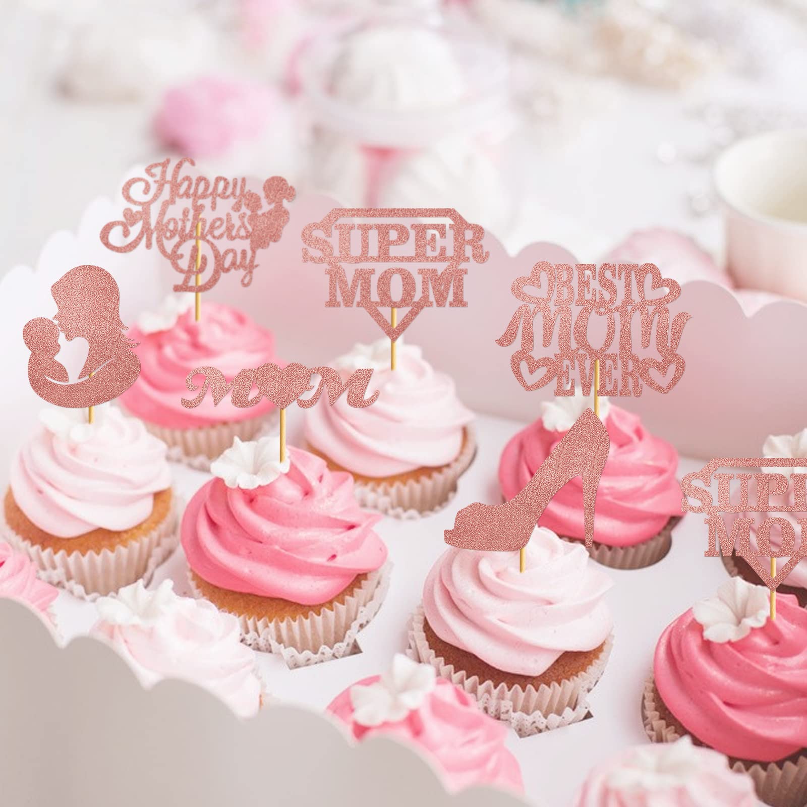 24-Piece Rose Gold Happy Mother's Day Cupcake Toppers - Elegant Cake Decorations for Mom's Birthday, Baby Shower & Mother's Day Party Supplies (Floral Design)