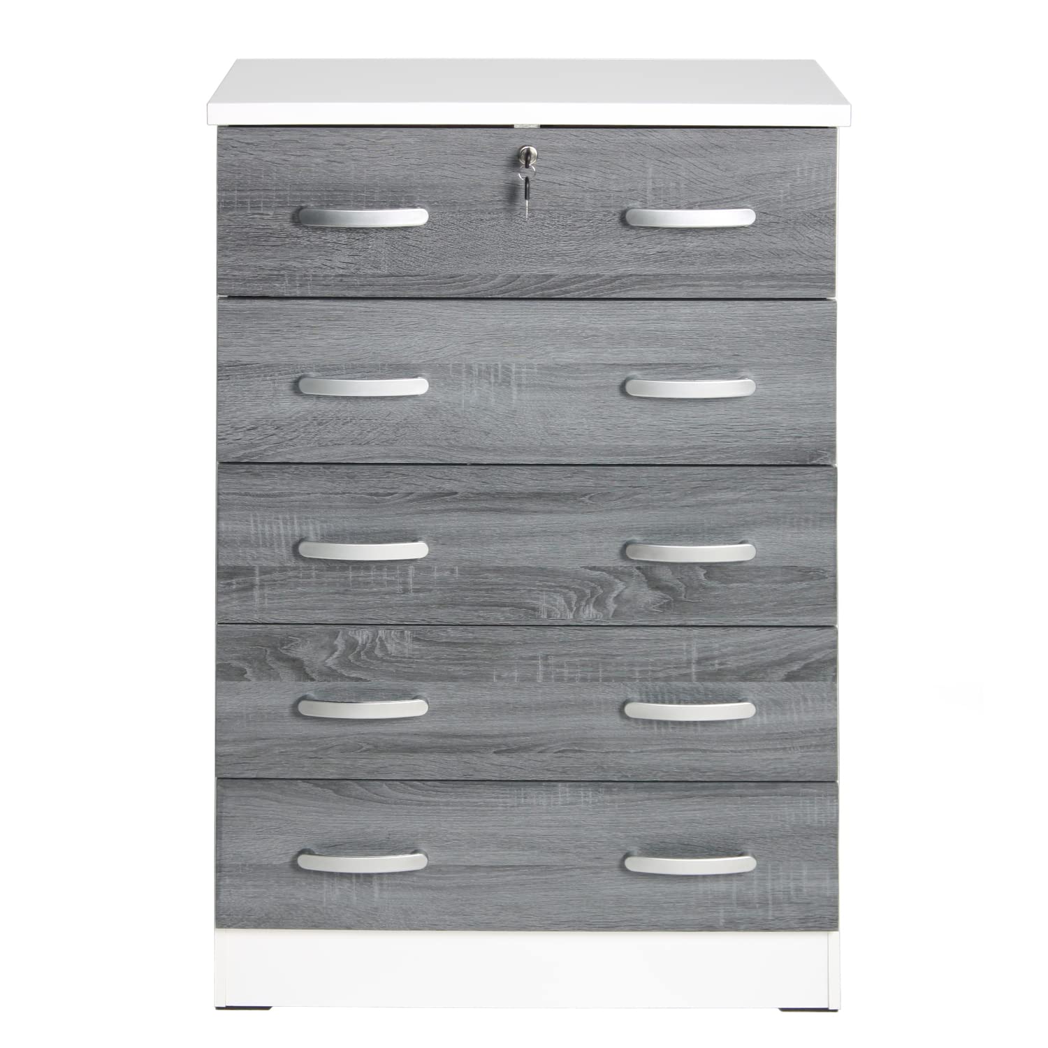 Better Home Products Cindy 5-Drawer Wooden Dresser with Lock - White & Gray Storage Chest for Bedroom, Nursery, or Closet Organization
