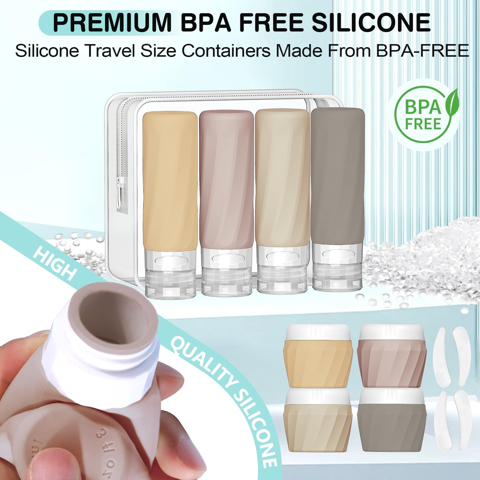 14-Pack TSA Approved Leak-Proof Travel Bottles for Toiletries - Premium Silicone Refillable Squeeze Bottles & Cream Jars Set with Clear Bag (Apricot) - Perfect for Air Travel, Camping & Gym Essentials Organization