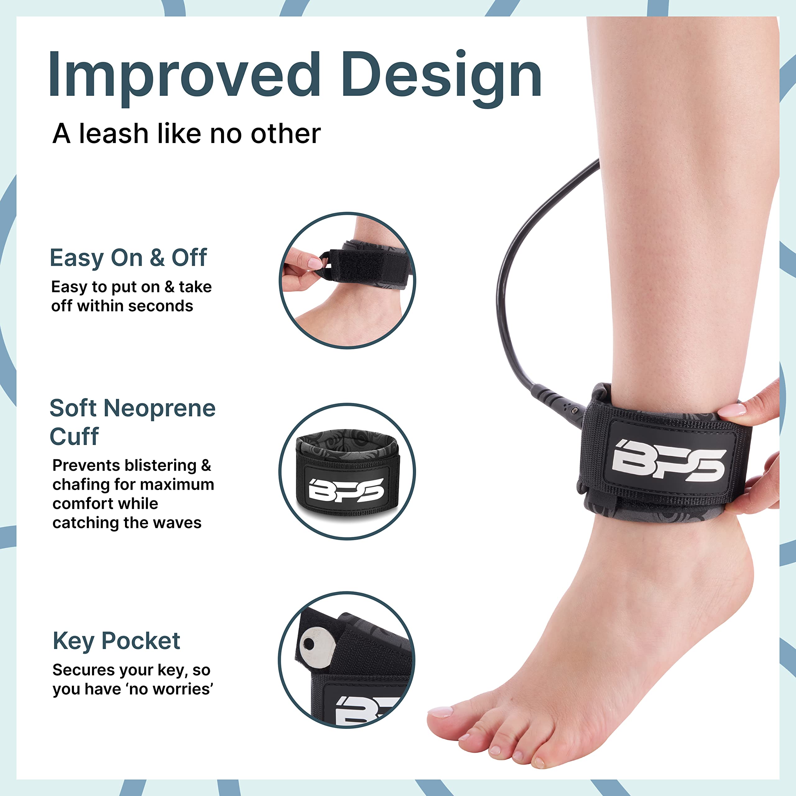 Premium Surfboard Leash - BPS New Zealand 'Storm' 7.2mm/8mm Straight Surf Leash 6ft-10ft (6/7/8/9/10 ft) for All Boards - Durable Leg Rope Strap for Surfing, Paddleboarding & Water Sports