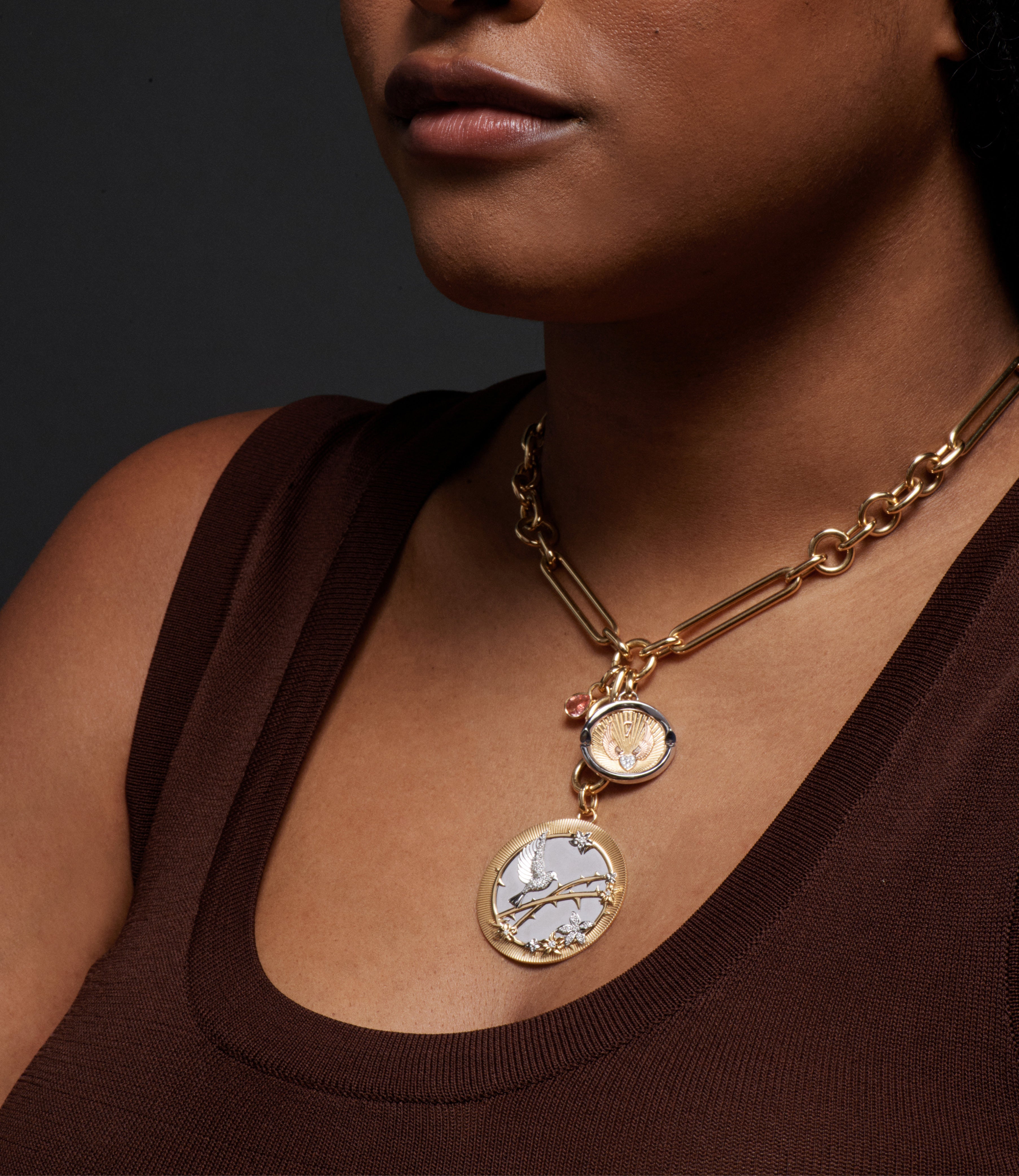 Beloved with Wings We Fly Large Tri-Color Gold Diamond Medallion Pendant with Annex Link Chain - Perfect for Weddings, Anniversaries & Special Occasions