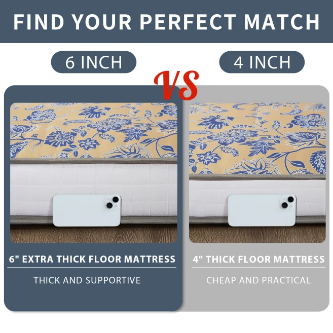 MAXYOYO Padded Japanese Floor Mattress - Floral Printed Futon Mattress & Folding Sleeping Pad for Guest Bed, Camping, Yoga & Meditation | Comfortable Floor Cushion for Small Spaces