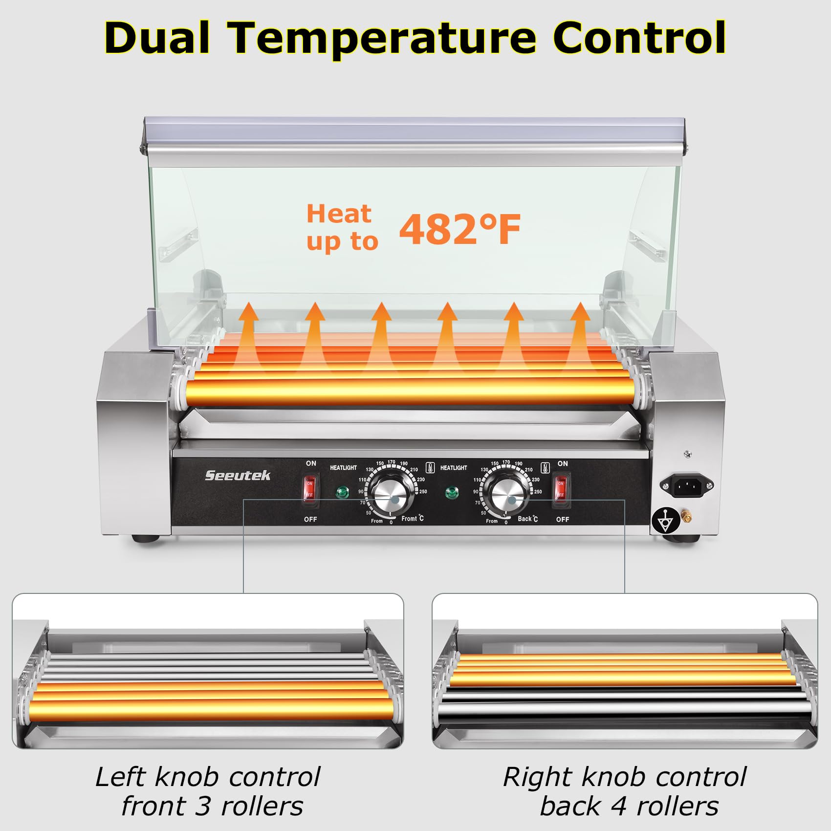 Seeutek 7-Roller Commercial Hot Dog Machine - 24 Hot Dogs Capacity, 1100W Stainless Steel Hot Dog Warmer with LED Light & Dual Temperature Control - Perfect for Restaurants, Carnivals, and Food Trucks - Includes Glass Hood, Acrylic Cover, Removable Drip Tray & Warming Shelf