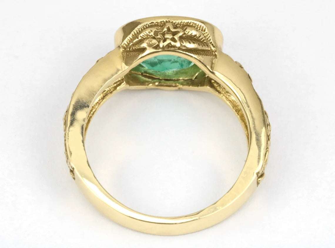 2.10 Carat Oval Emerald Floral Motif Solitaire 14K Gold Ring - Elegant Wedding, Engagement & Anniversary Jewelry Gift for Women