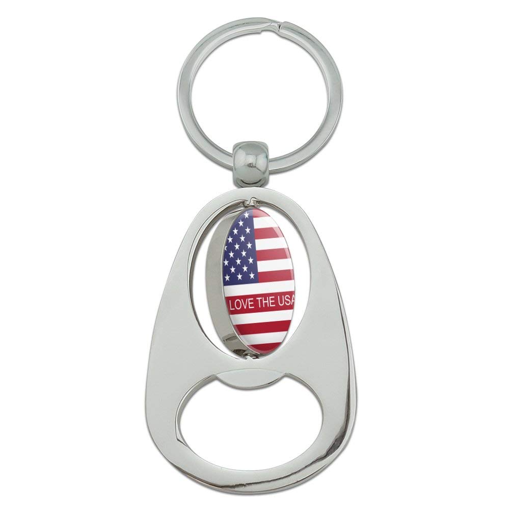 Custom USA Flag Personalized Chrome Metal Spinning Oval Keychain Bottle Opener - American Patriotic Gift for Men, Women, Camping, Tailgating & Home Decor