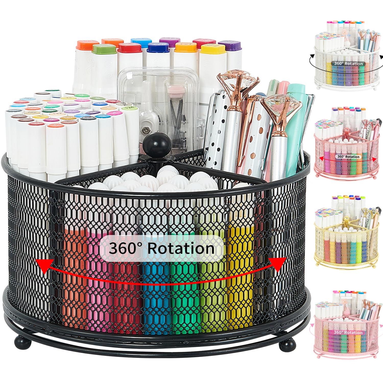 360-Degree Rotating Pencil Holder Organizer - Black Desk Organizer for Pens, Markers & Art Supplies | Office & School Stationery Storage | Perfect for Desk Organization, Classroom & Home Office Use