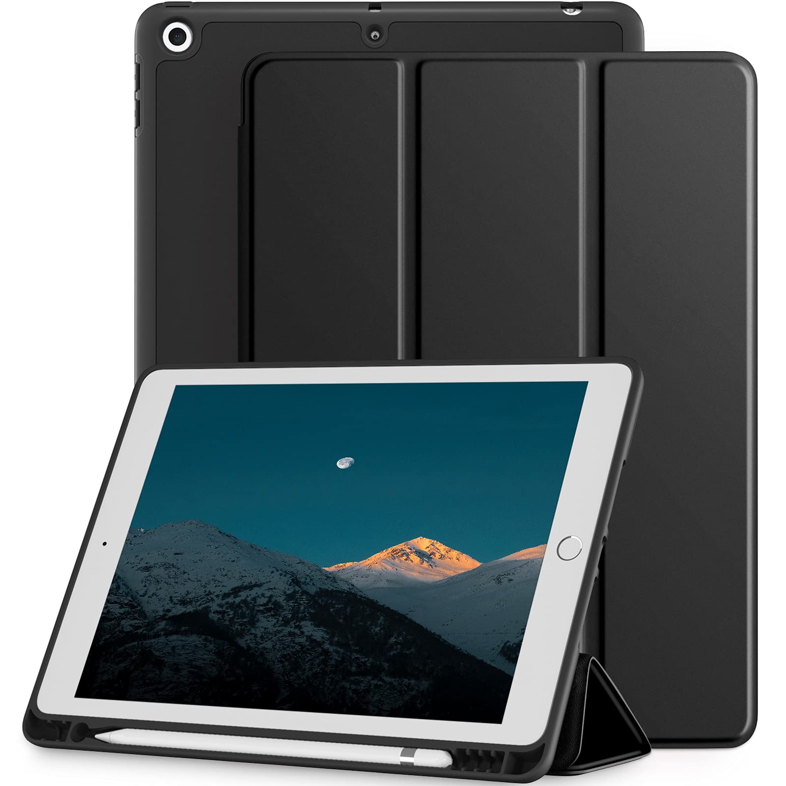 Mastten iPad 9th/8th/7th Generation Case Compatible with iPad 10.2 Inch 2021/2020/2019 - Shockproof TPU Smart Stand Cover with Pencil Holder, Auto Wake/Sleep (Black) - Perfect for Work, School & Travel Protection