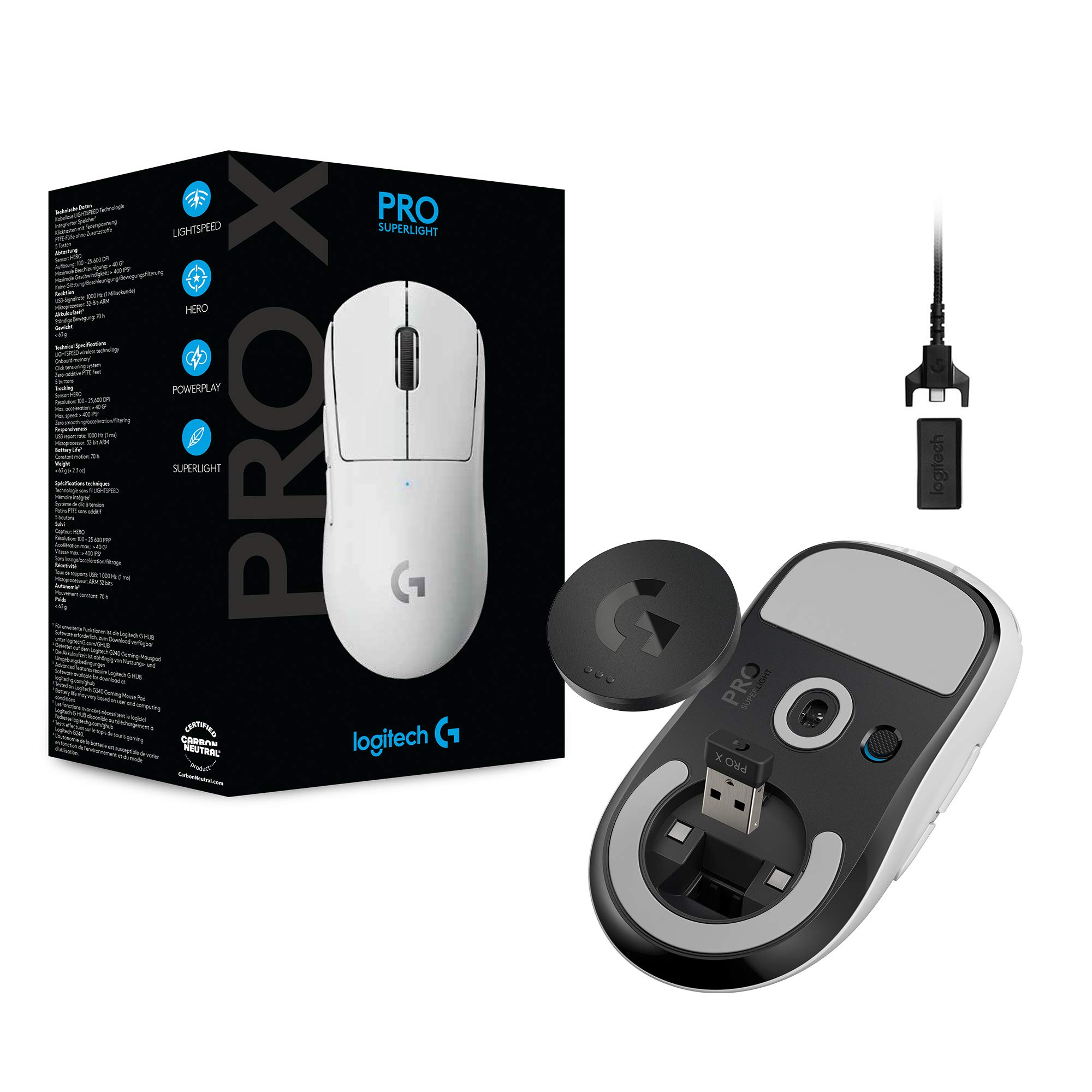Logitech G PRO X SUPERLIGHT Wireless Gaming Mouse - Ultra-Lightweight 63g Design, HERO 25K Sensor up to 25,600 DPI, 5 Programmable Buttons, 70-Hour Battery Life - Compatible with PC & Mac (White) | Perfect for FPS, MOBA & Esports Gaming