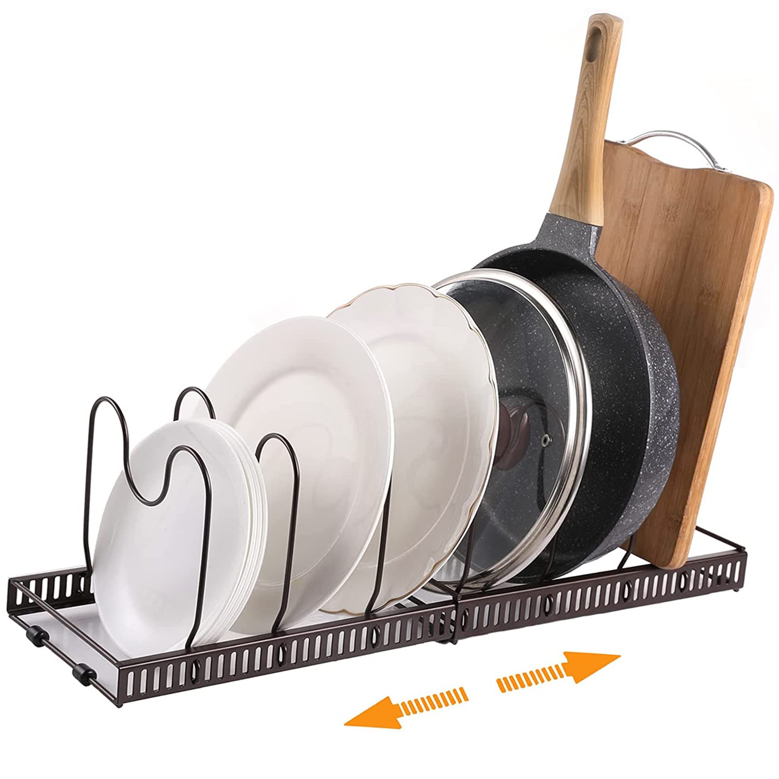 Expandable Pot Rack Organizer with Adjustable Dividers - 7 Compartment Pan & Lid Holder for Kitchen Cabinet & Countertop Storage | Perfect for Small Spaces & Clutter-Free Cooking