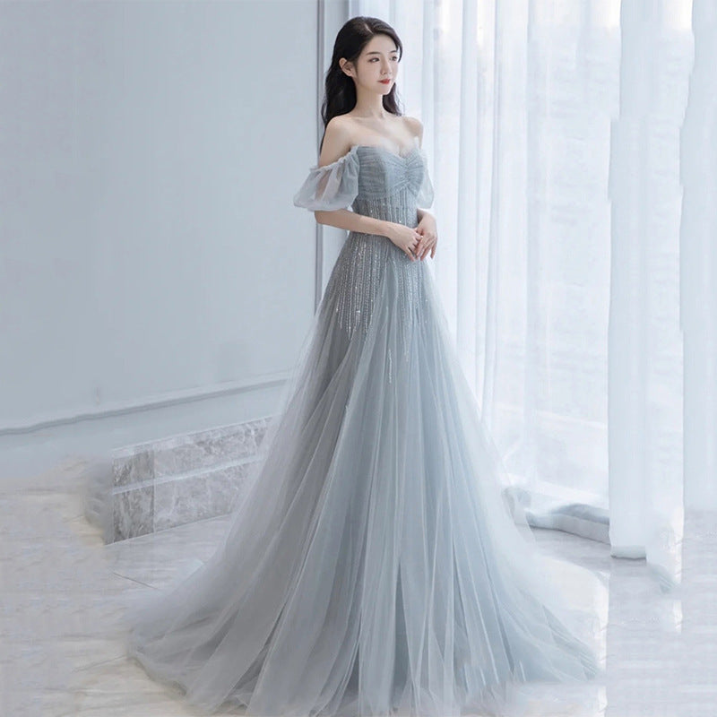 Elegant Off Shoulder Silver Gray Tulle Prom Dress - A-Line Evening Gown for Formal Events | Perfect for Homecoming, Quinceañera & Wedding Guest Dresses