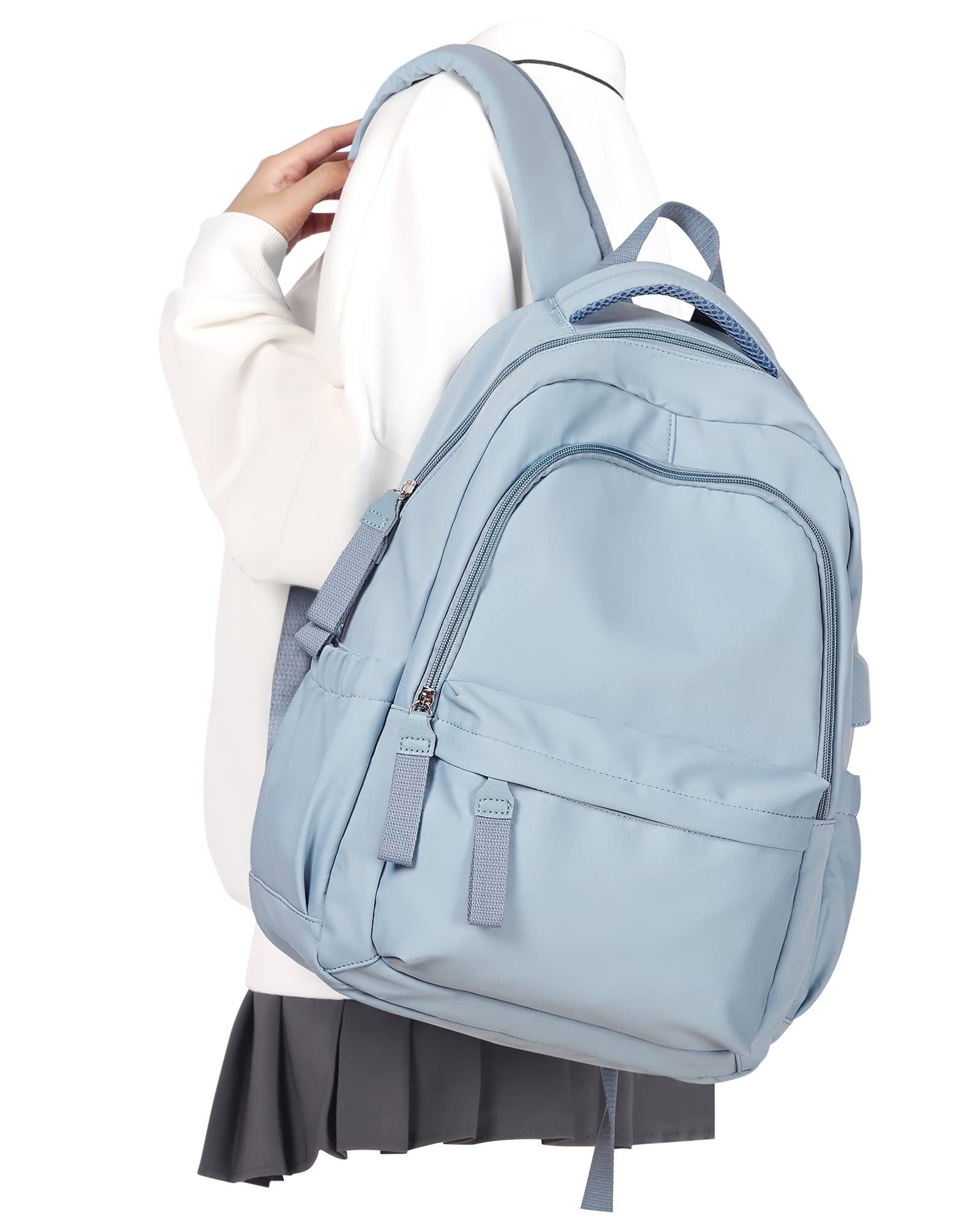 Lightweight Aesthetic Backpack for School, Travel & College - Cute Daypack for Girls, Boys, Women & Men - Fits 14 Inch Laptop with USB Charging Port (Light Blue) - Perfect for High School, University & Daily Commute