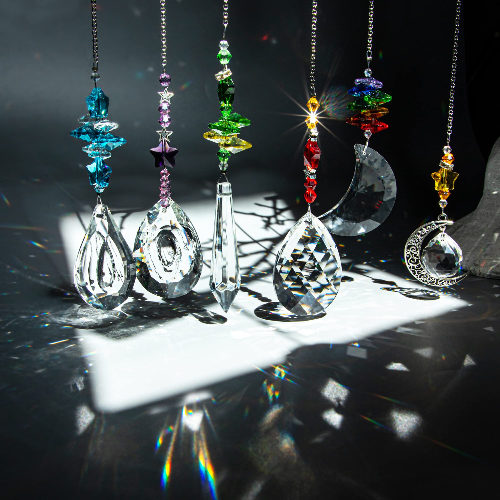 6PCS Crystal Suncatchers Prism Hanging Ornaments for Windows - Rainbow Maker Crystal Pendant Chandelier for Home, Garden & Outdoor Decor - Create Stunning Rainbow Light Effects in Living Room, Bedroom or Patio