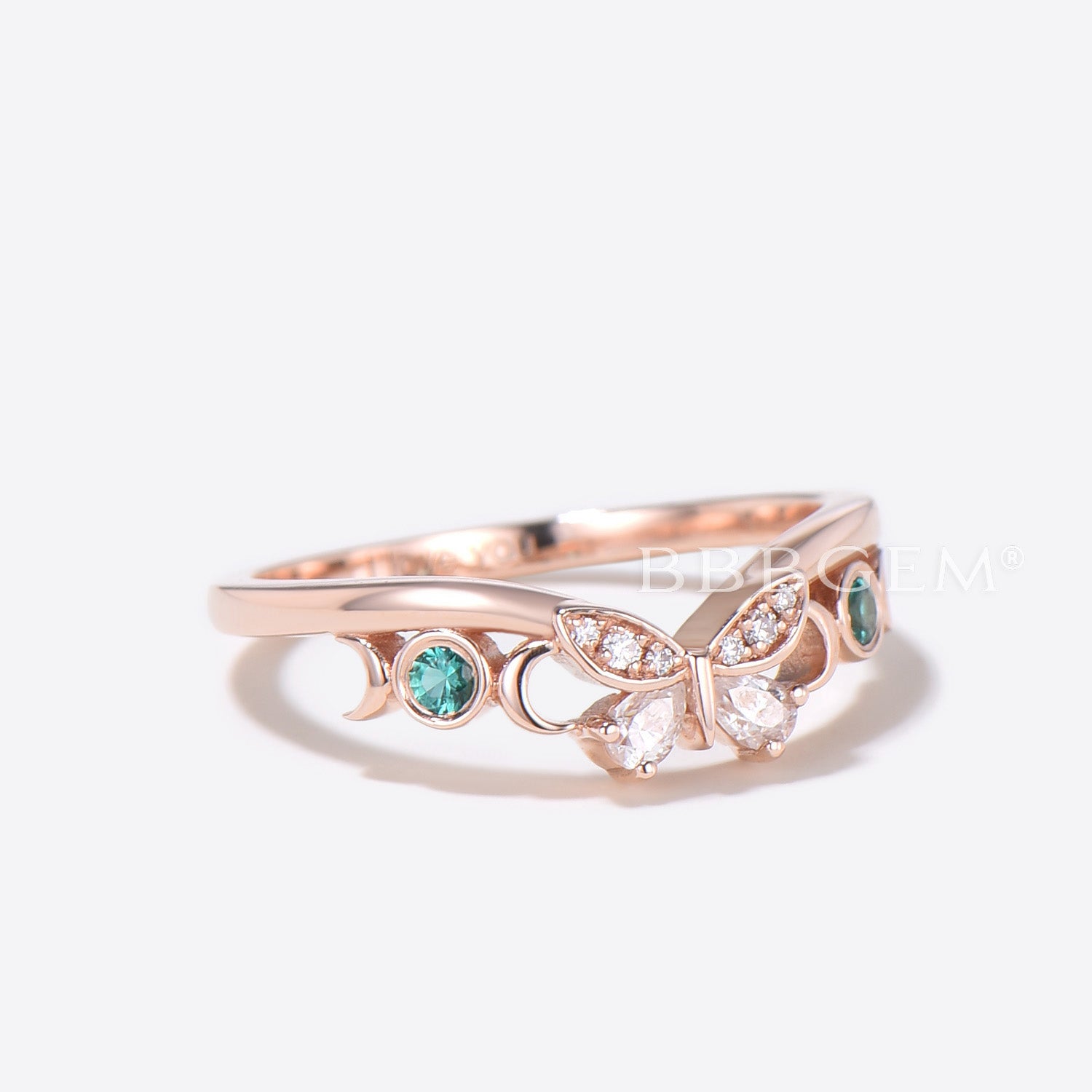 Rose Gold Butterfly Wedding Band - Chevron Moissanite Stacking Ring for Women, Elegant Bridal Jewelry for Engagement, Anniversary & Everyday Wear