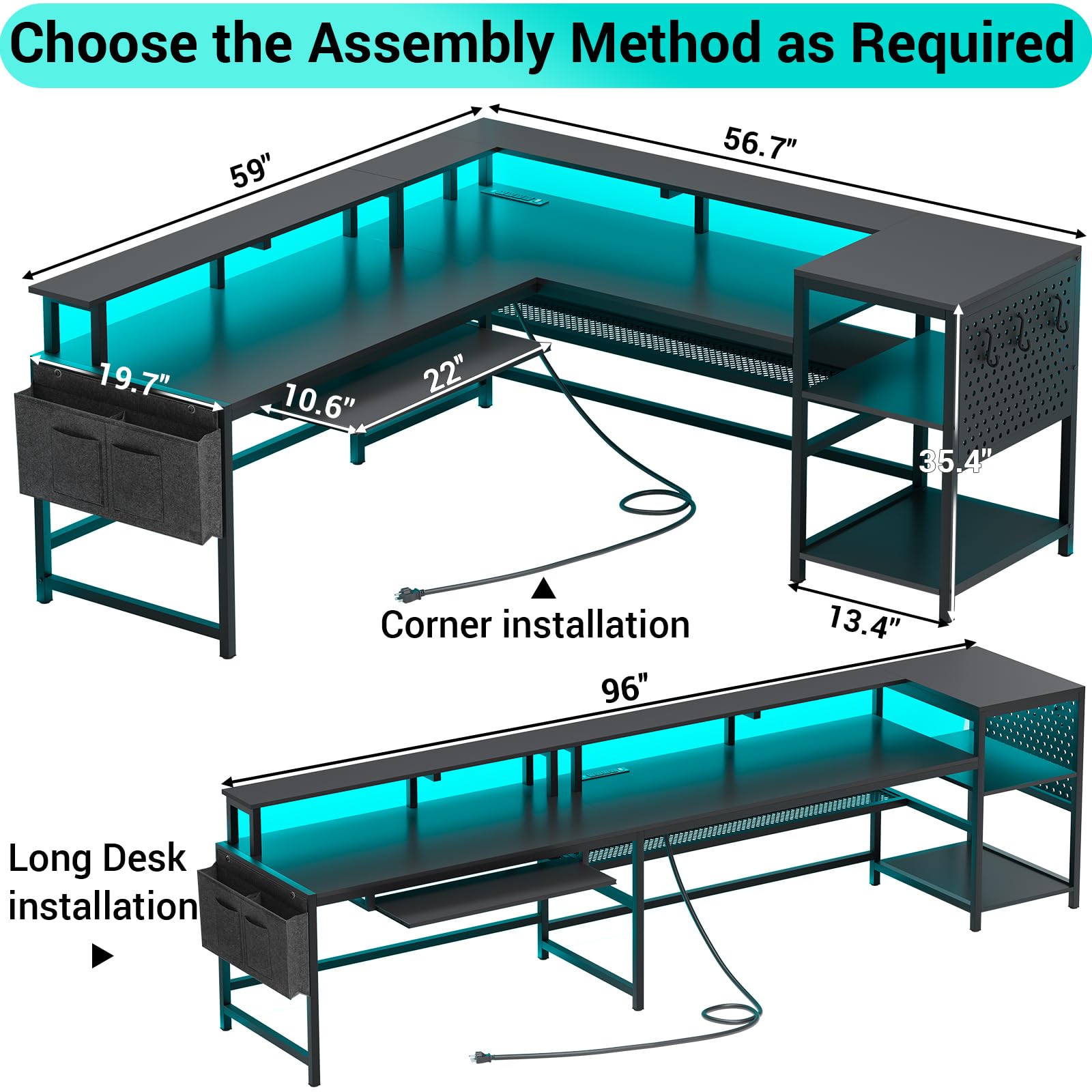 SEDETA L-Shaped Gaming Desk with Power Outlets & LED Lights - Reversible Computer Desk with Monitor Shelf, Keyboard Tray, Pegboard & Storage Shelves - Perfect for Home Office, Gaming Setup & Workstation (Black)
