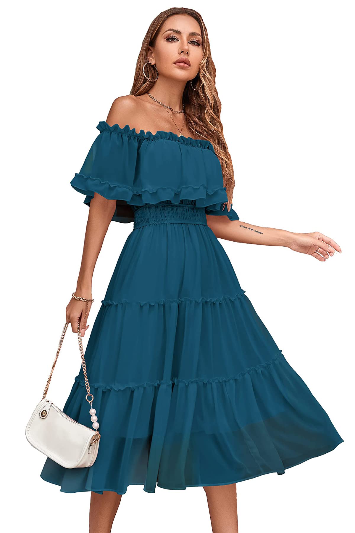 MAXVIGOR Women's Off Shoulder Ruffle Midi Dress - Elegant A-Line Cocktail Party Dress for Wedding Guest, Summer Vacation & Date Night | Flowy Tiered Design in Plus Size Options