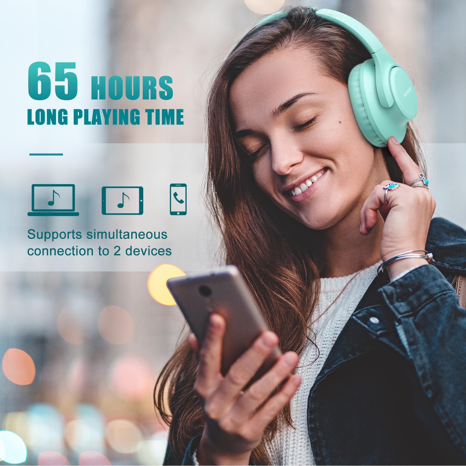 KVIDIO Wireless Bluetooth Over-Ear Headphones with Microphone, 65H Playtime, Foldable Lightweight Design, HiFi Stereo & Deep Bass - Perfect for Travel, Work, Gaming & Phone Calls (Green)