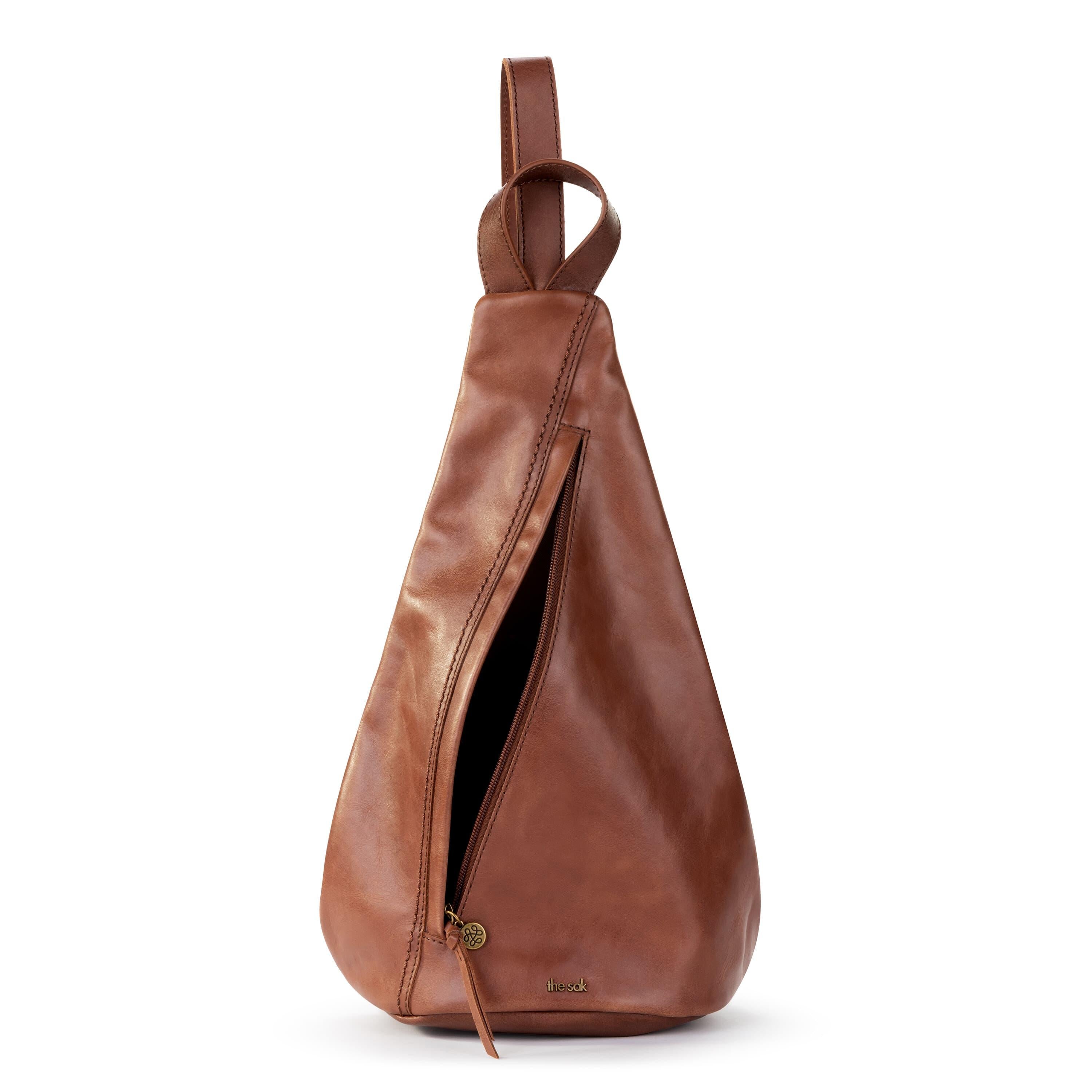Premium Geo Sling Backpack - Genuine Leather & Teak Wood Accents - Perfect for Travel, Hiking, and Everyday Use