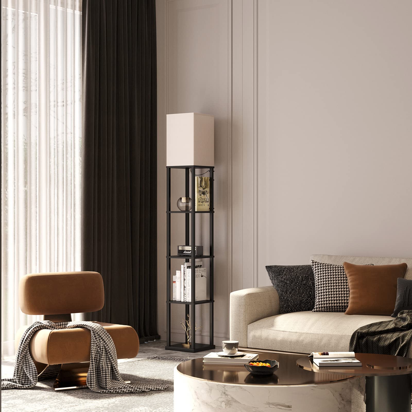 Addlon 5-Tier Modern Shelf Floor Lamp with 3CCT LED Bulb - Adjustable Brightness Display Lamp for Living Room, Bedroom, Office - Black - Perfect for Reading, Decor & Space Saving