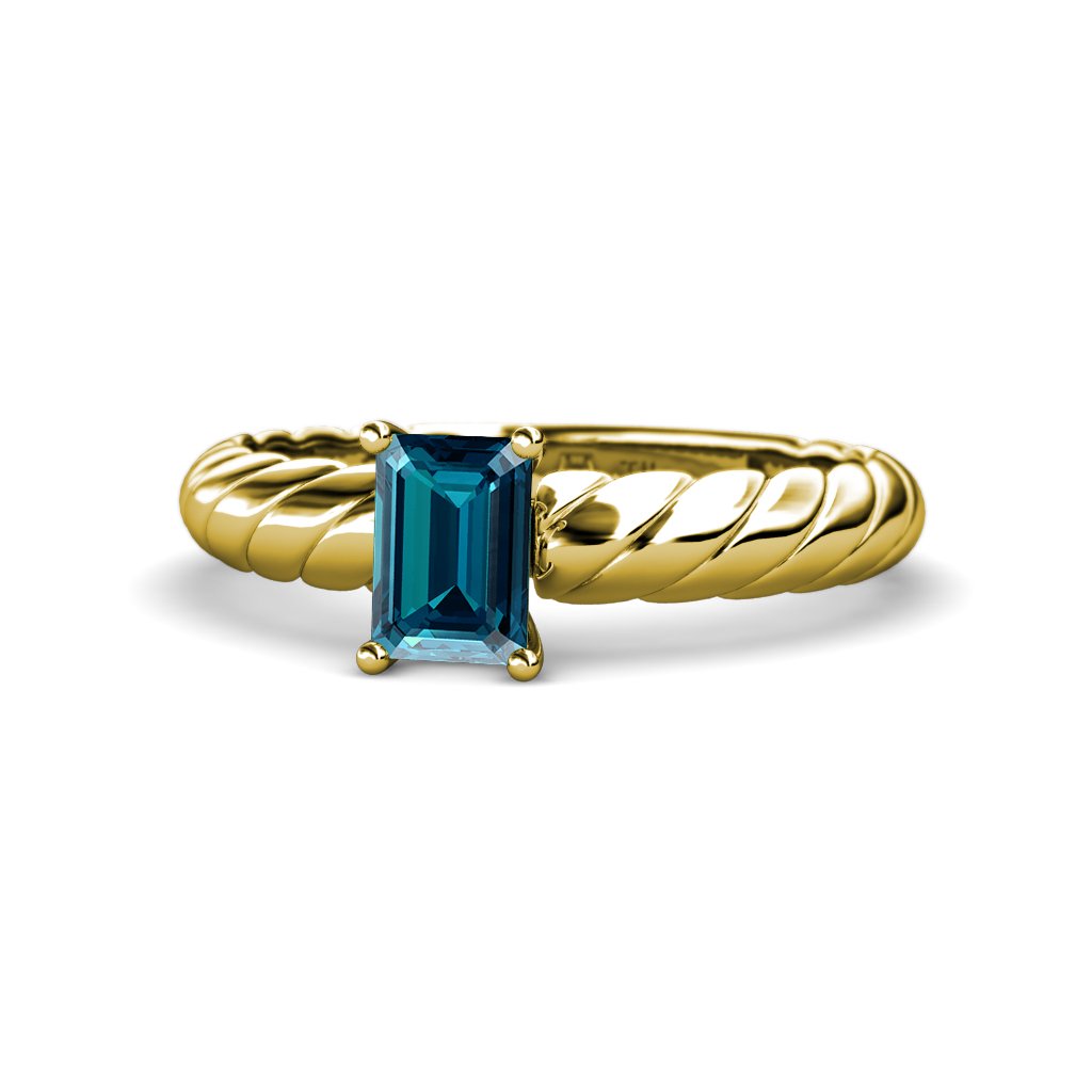 London Blue Topaz 7x5mm Emerald Cut Solitaire Rope Engagement Ring - 0.90 Carat 14K Yellow Gold - Perfect for Proposals, Weddings & Anniversary Gifts