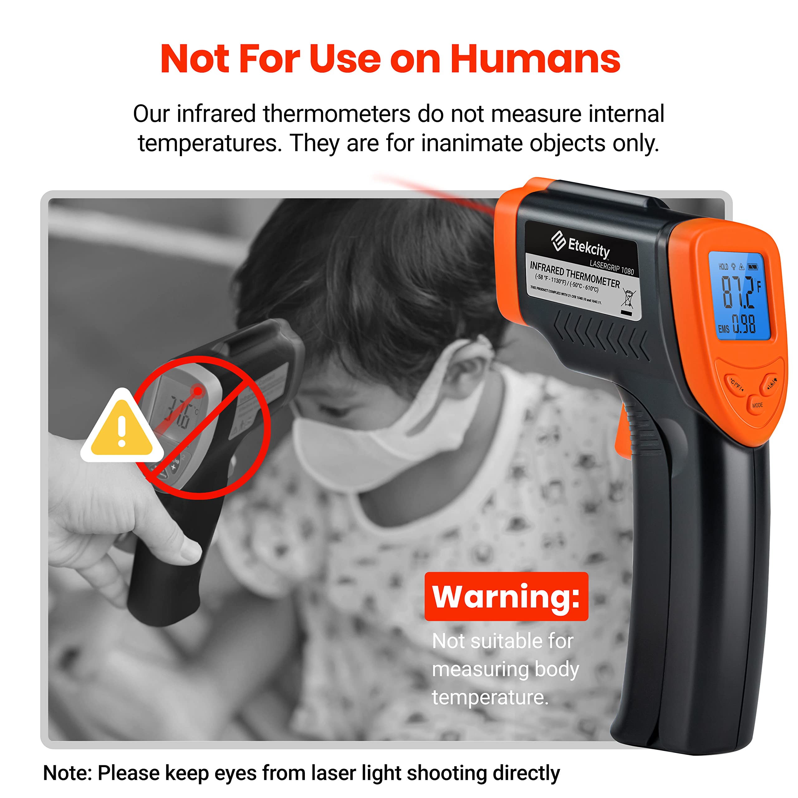 Etekcity Digital Infrared Thermometer Gun -58°F to 1130°F, Non-Contact Laser Temperature Gun for Cooking, HVAC, Automotive & Industrial Use, Fast & Accurate IR Temp Gun for Grilling Meat, Pizza Oven, Engine, Home & Kitchen Appliances (Orange) - Perfect for BBQ, Baking, HVAC Maintenance & DIY Projects