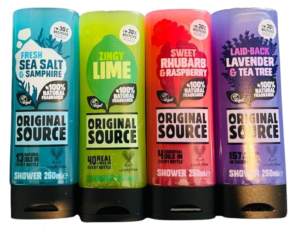 Original Source Shower Gel Set - 4 x 250ml with Fresh Sea Salt & Samphire, Zingy Lime, Sweet Rhubarb & Raspberry, Laid-Back Lavender & Tea Tree Fragrances - Natural Body Wash Combo Pack for Relaxing Bath & Refreshing Shower Experience