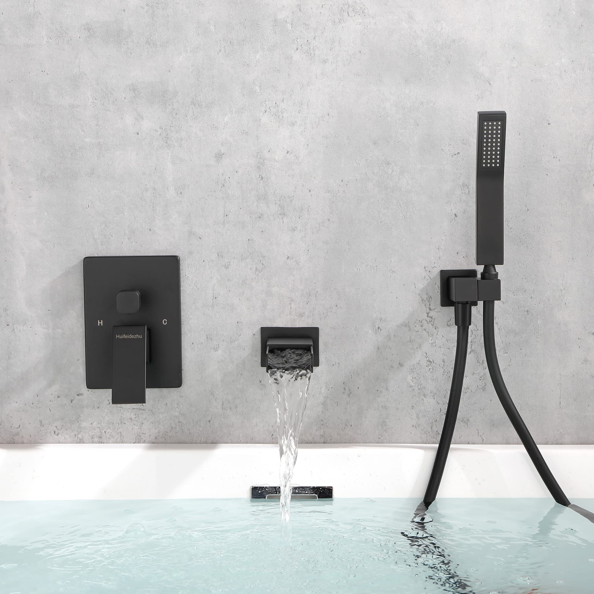 Wall Mount Black Waterfall Bathtub Faucet with Hand Shower Sprayer - Single Handle Brass Tub Filler with Valve for Modern Bathroom Luxury (Perfect for Spa-Like Relaxation and Elegant Bathroom Upgrades)