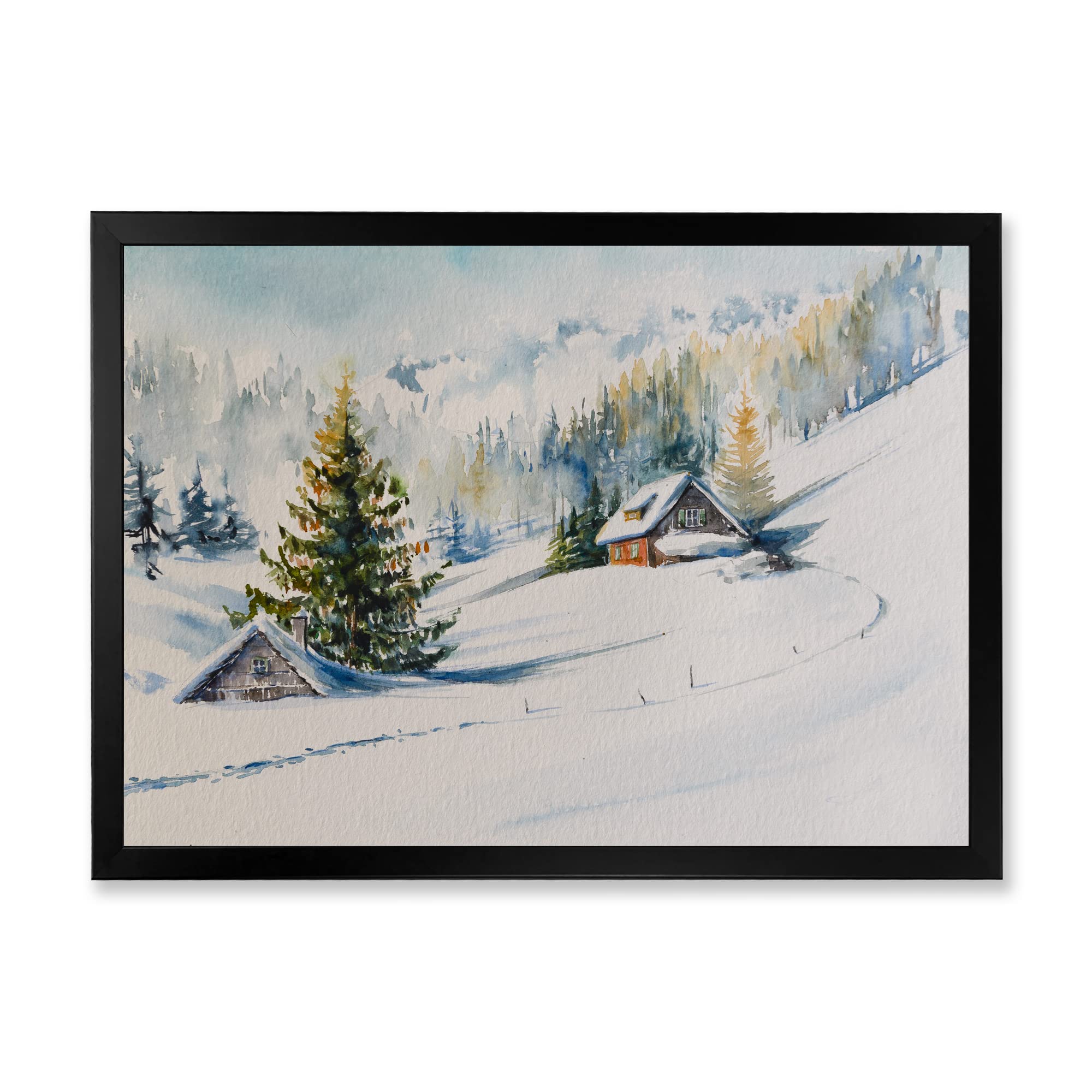 Little House in the Winter Mountains - Traditional Framed Wall Art Painting for Living Room, Bedroom & Office Decor - Cozy Cabin Landscape Artwork