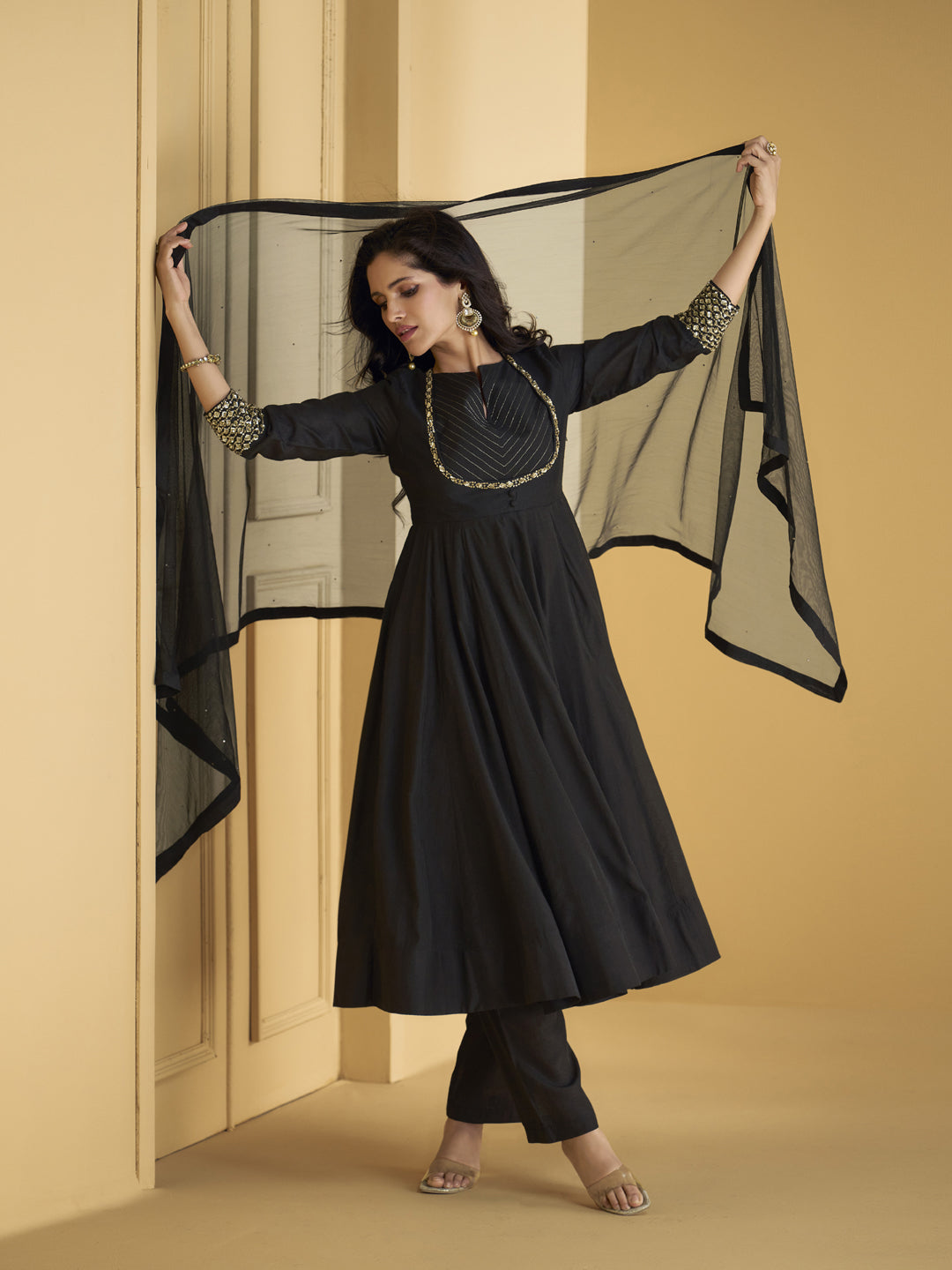 Elegant Black Traditional Designer Stitched Pure Silk Sharara Suit with Embellished Work - Perfect for Weddings, Festivals & Special Occasions