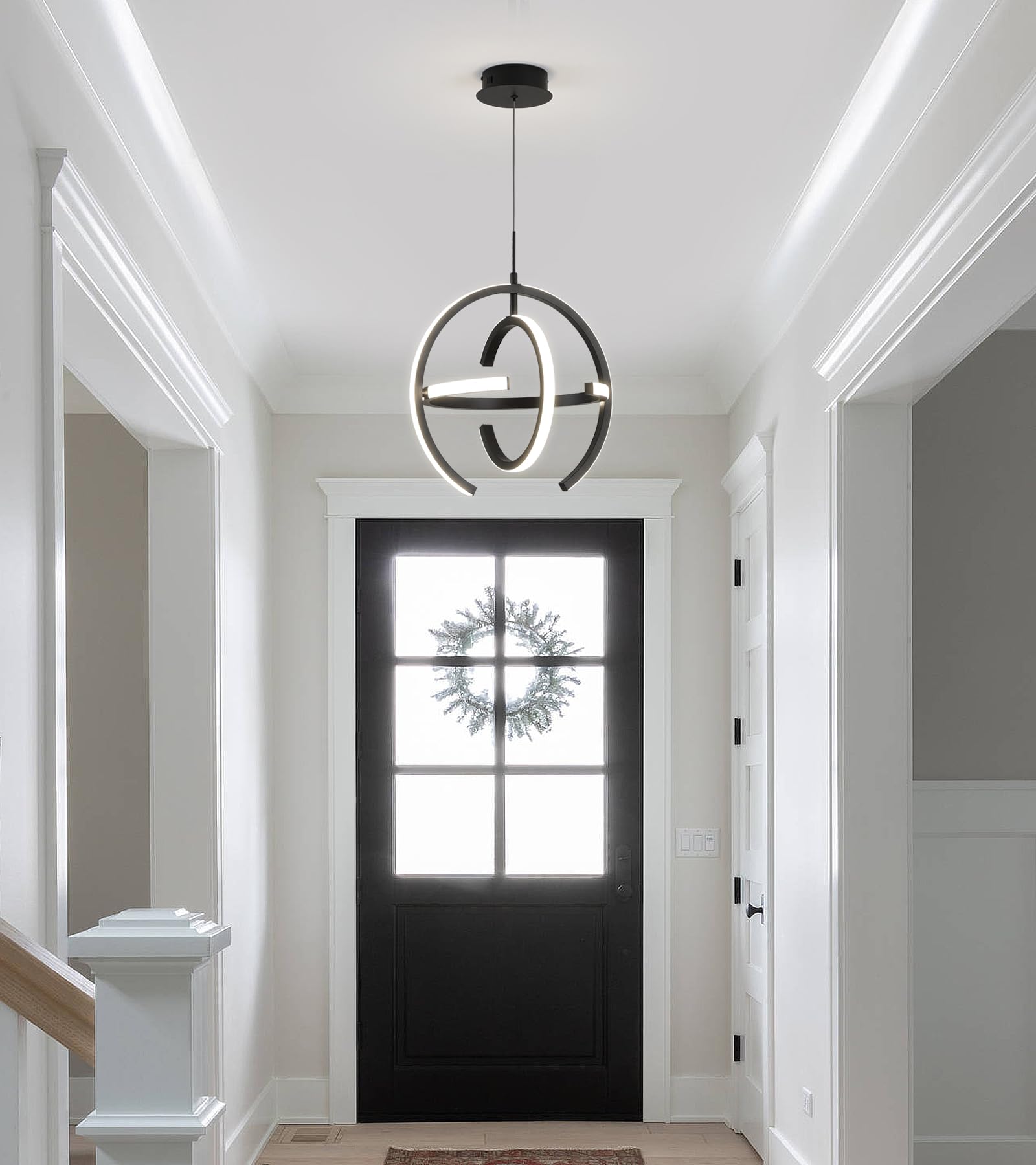 Q&S Modern LED Chandelier - Black Round Globe Hanging Pendant Light Fixture for Entryway, Kitchen Island, Dining Room, Living Room & Stairway - Perfect for Home Decor, Restaurant Lighting & Commercial Spaces