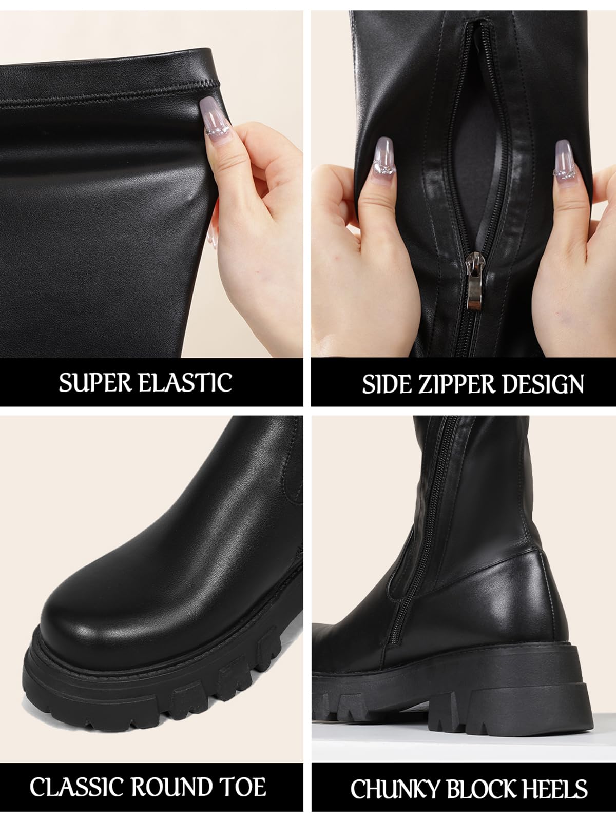 CouieCuies Women's Black Thigh High Boots - Platform Over The Knee Stretch Boots with Lug Sole (US Size 6-11) | Comfortable Winter Fashion for Parties & Night Out