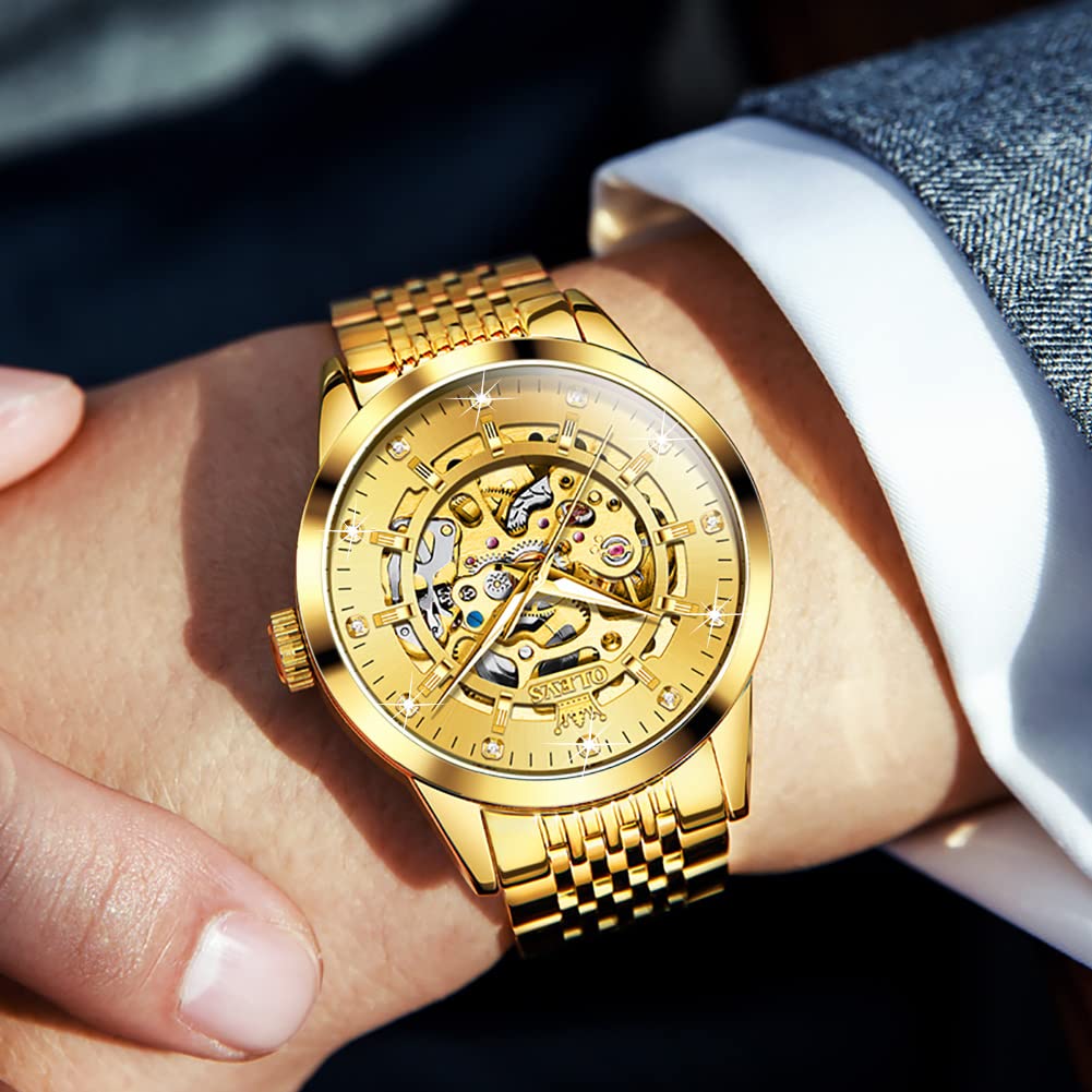 OLEVS Automatic Skeleton Watches for Men - Luxury Mechanical Gold Wristwatch with Diamond Accents, Stainless Steel Case, Waterproof & Luminous - Perfect for Business, Formal Events & Everyday Wear