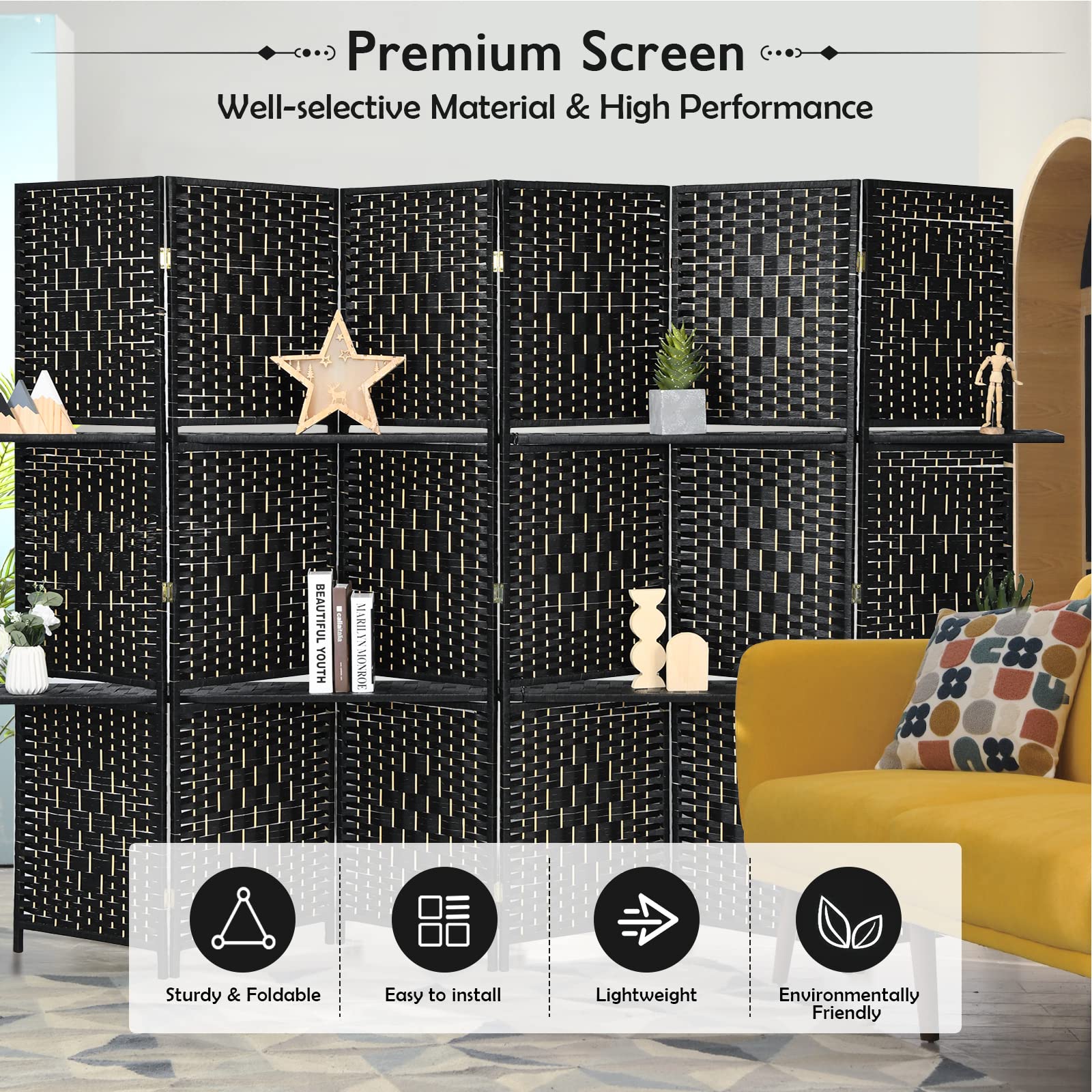 Giantex 6Ft 6 Panel Freestanding Room Divider with Shelves - Hand-Woven Rattan Folding Privacy Screen for Home, Office & Studio - Wooden Partition Wall for Room Separation & Organization | Perfect for Creating Private Spaces, Home Decor & Workspace Dividers