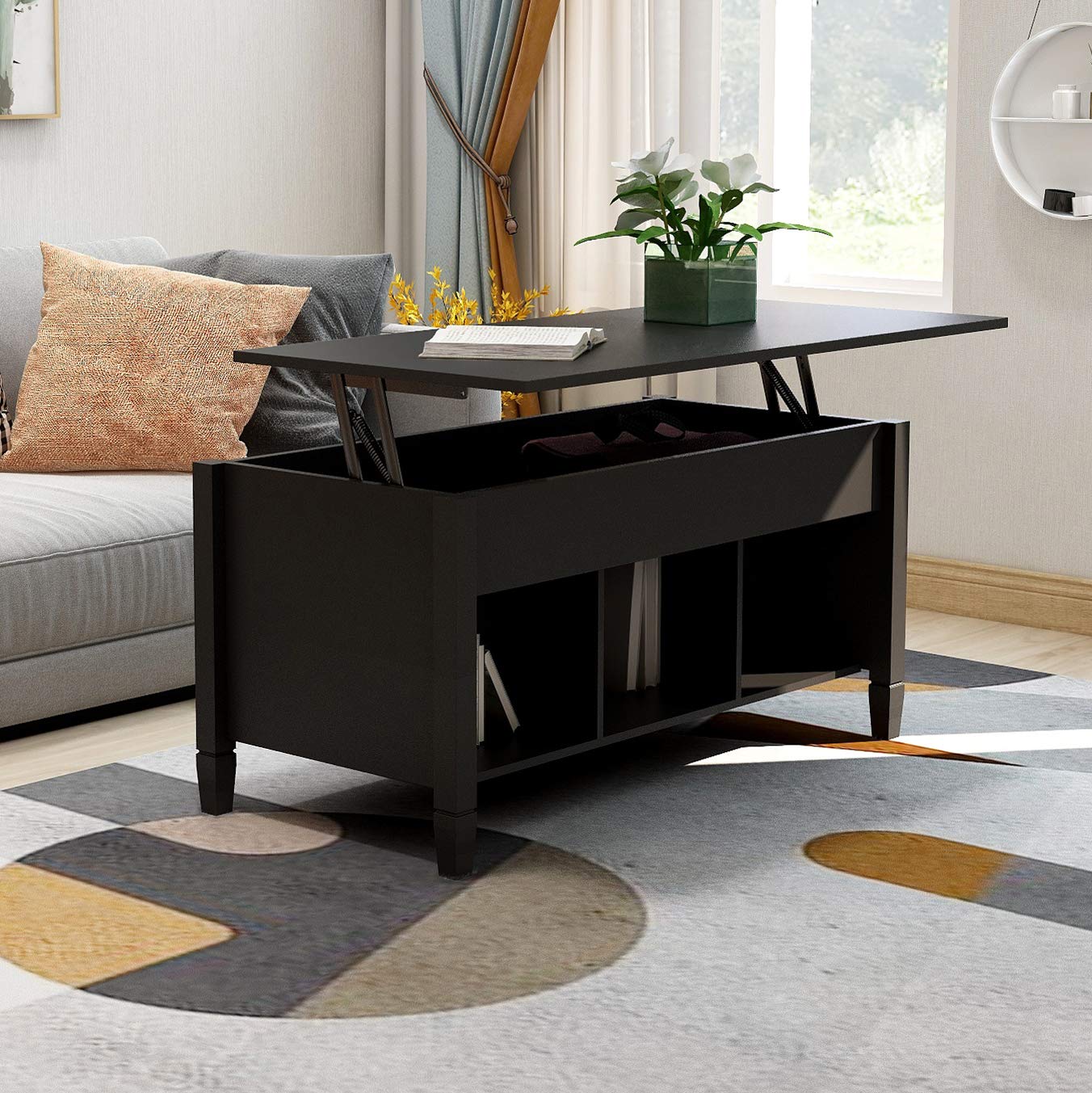 Lift-Up Top Coffee Table with Hidden Storage - Wood & Metal End Table for Living Room, Dining, Office - Convertible Side Table, Computer Desk, Tea Table - Perfect for Small Spaces, Home Decor, and Multi-Functional Use