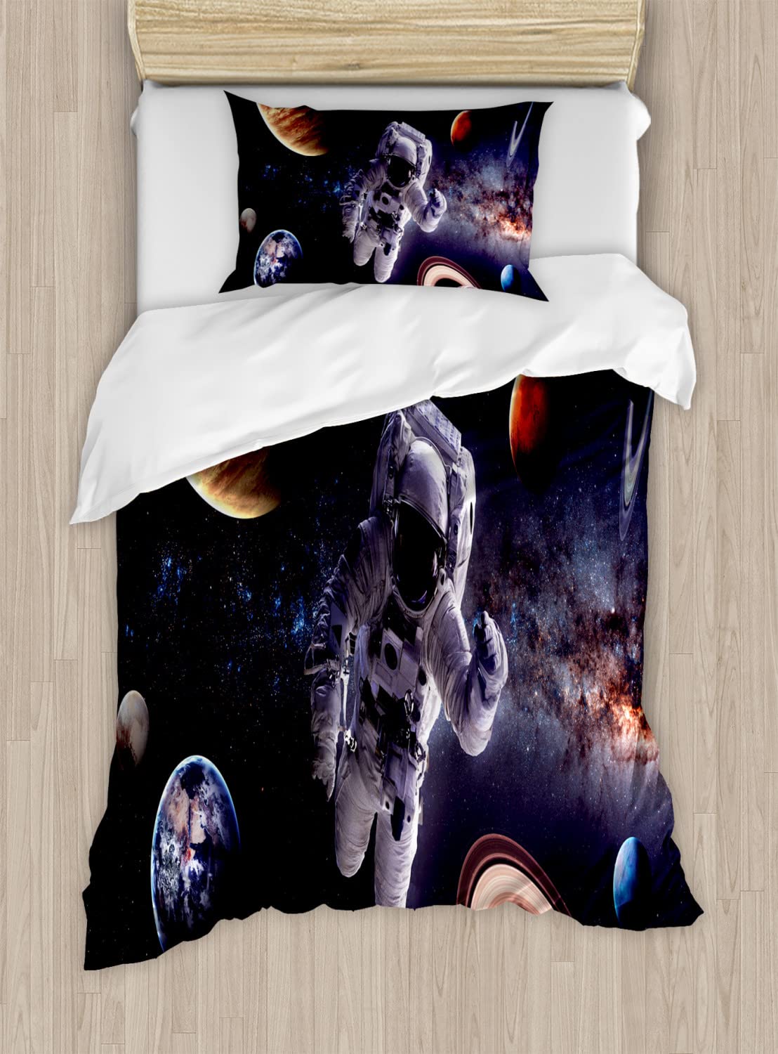 Ambesonne Outer Space Duvet Cover Set - King Size 2-Piece with 4 Pillowcases | Astronaut & Planets Mars Neptune Jupiter Design | Vibrant Multicolor Galaxy Bedding | Perfect for Space-Themed Bedrooms & Sci-Fi Decor